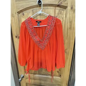 Black Women's Batwing Blouse Orange Red Beading Vneck Holiday Size S